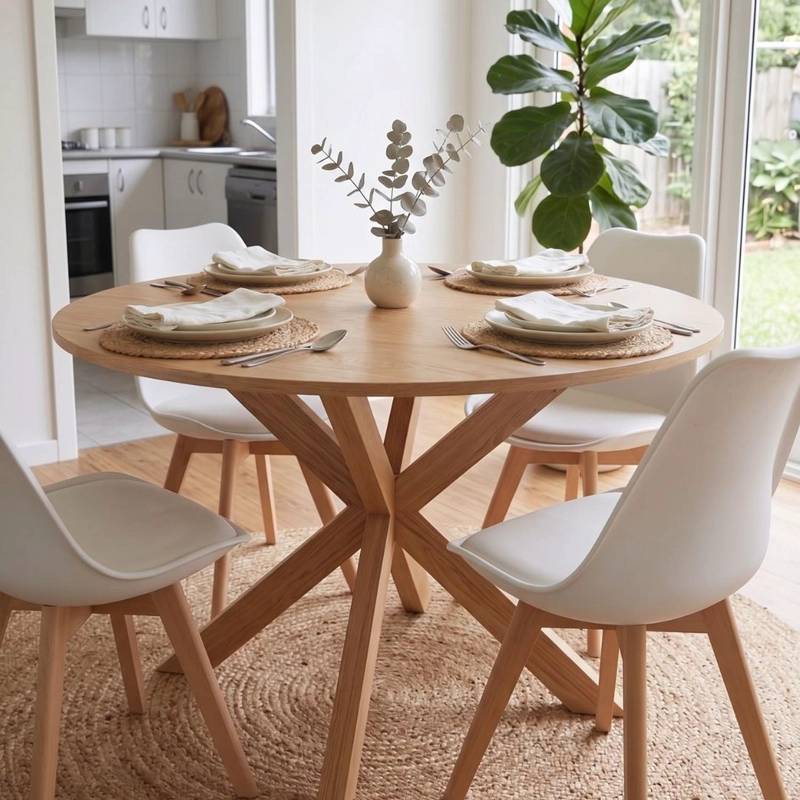 COMEDOR MESA REDONDA EQUIZ WOOD 100CM | BASE X + 4 SILLAS TULIP BLANCAS - 3