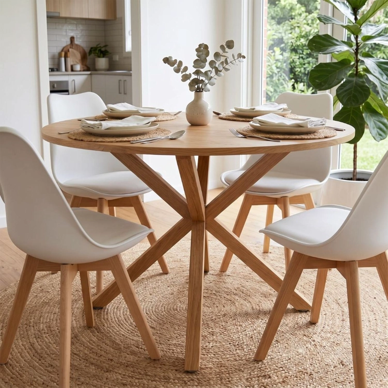 COMEDOR MESA REDONDA EQUIZ WOOD 100CM | BASE X + 4 SILLAS TULIP BLANCAS - 4