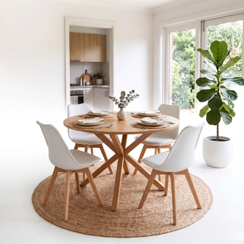 COMEDOR MESA REDONDA EQUIZ WOOD 100CM | BASE X + 4 SILLAS TULIP BLANCAS - 5