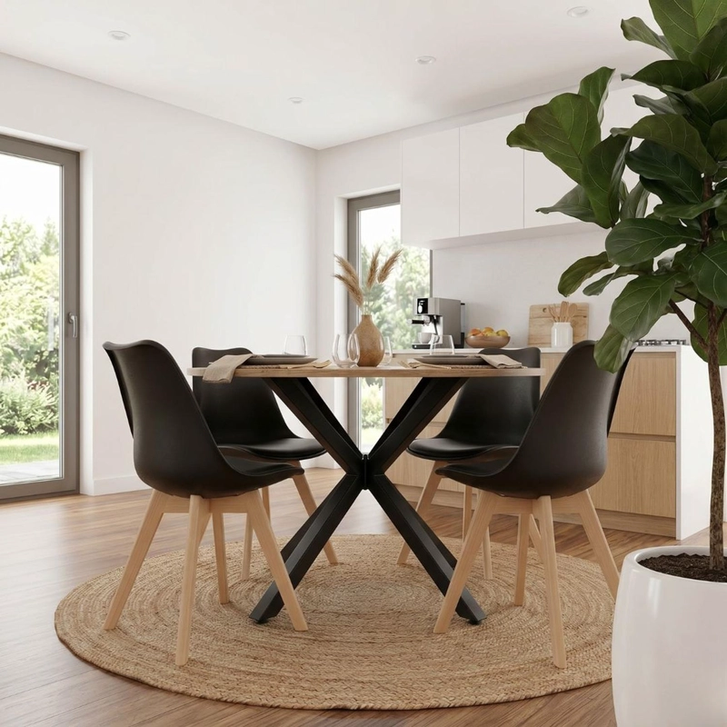 COMEDOR MESA REDONDA EQUIZ 100CM MADERA | BASE X NEGRO + 4 SILLAS TULIP NEGRO - 1