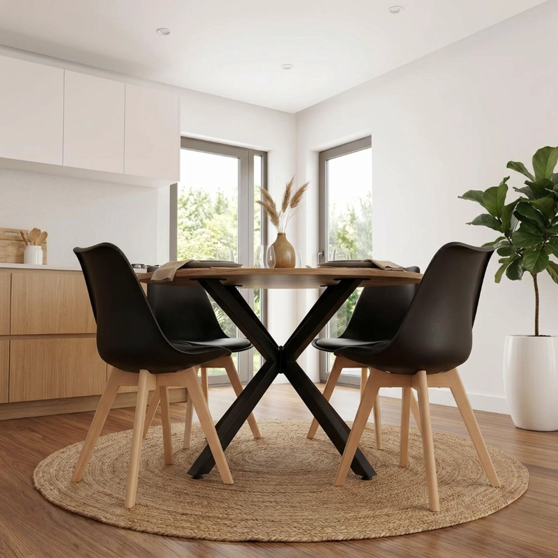 COMEDOR MESA REDONDA EQUIZ 100CM MADERA | BASE X NEGRO + 4 SILLAS TULIP NEGRO - 2