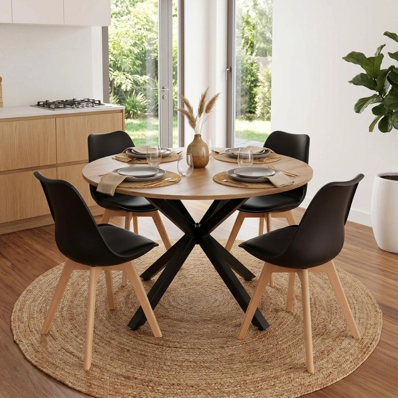 COMEDOR MESA REDONDA EQUIZ 100CM MADERA | BASE X NEGRO + 4 SILLAS TULIP NEGRO - 3