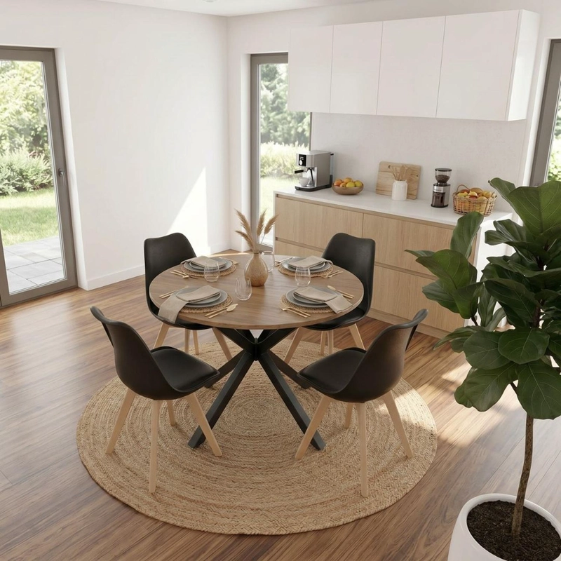 COMEDOR MESA REDONDA EQUIZ 100CM MADERA | BASE X NEGRO + 4 SILLAS TULIP NEGRO - 4