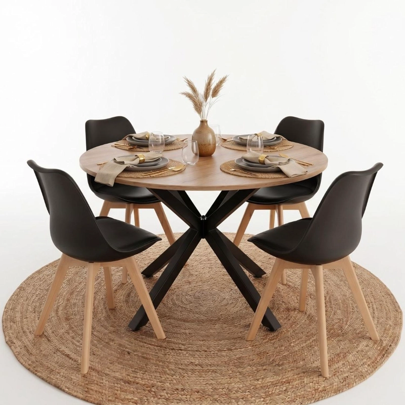 COMEDOR MESA REDONDA EQUIZ 100CM MADERA | BASE X NEGRO + 4 SILLAS TULIP NEGRO - 6