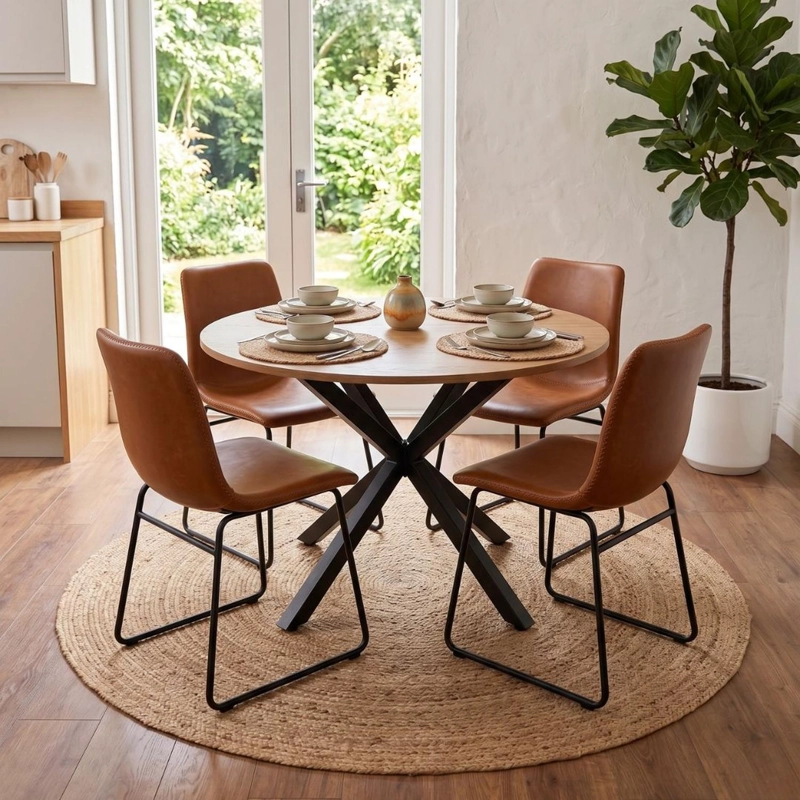COMEDOR MESA REDONDA EQUIZ 100CM MADERA | BASE X NEGRO + 4 SILLAS TOSCANA - 1
