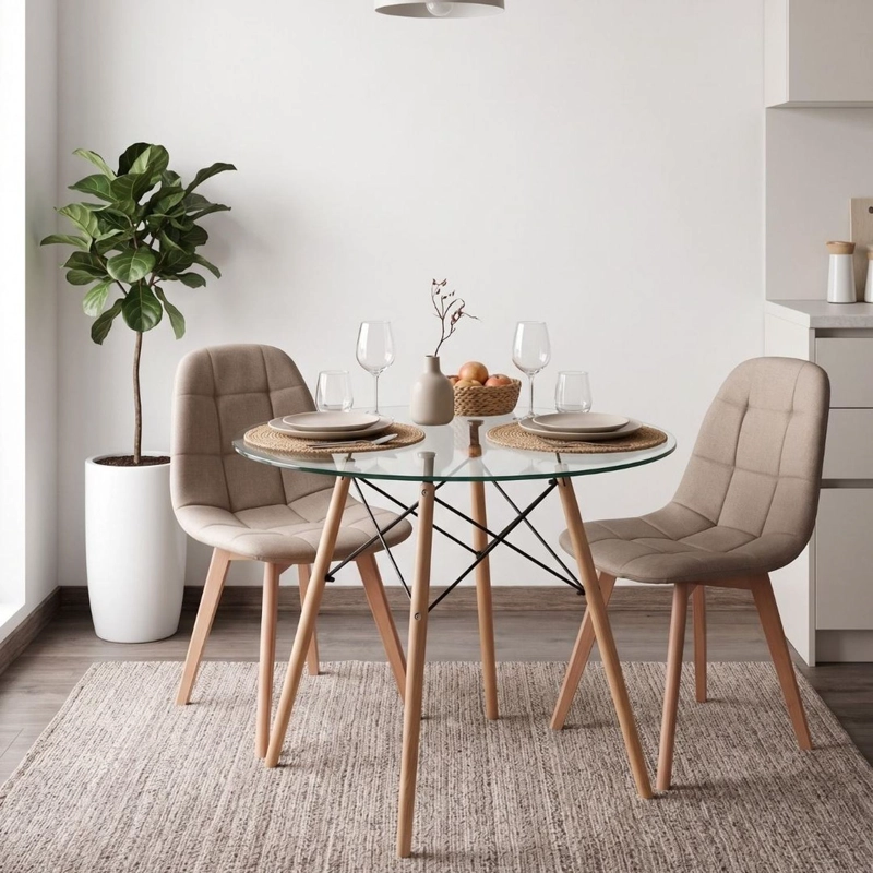 COMEDOR MESA REDONDA ELIDA 80CM + 2 SILLAS VORAK LINO BEIGE - 1