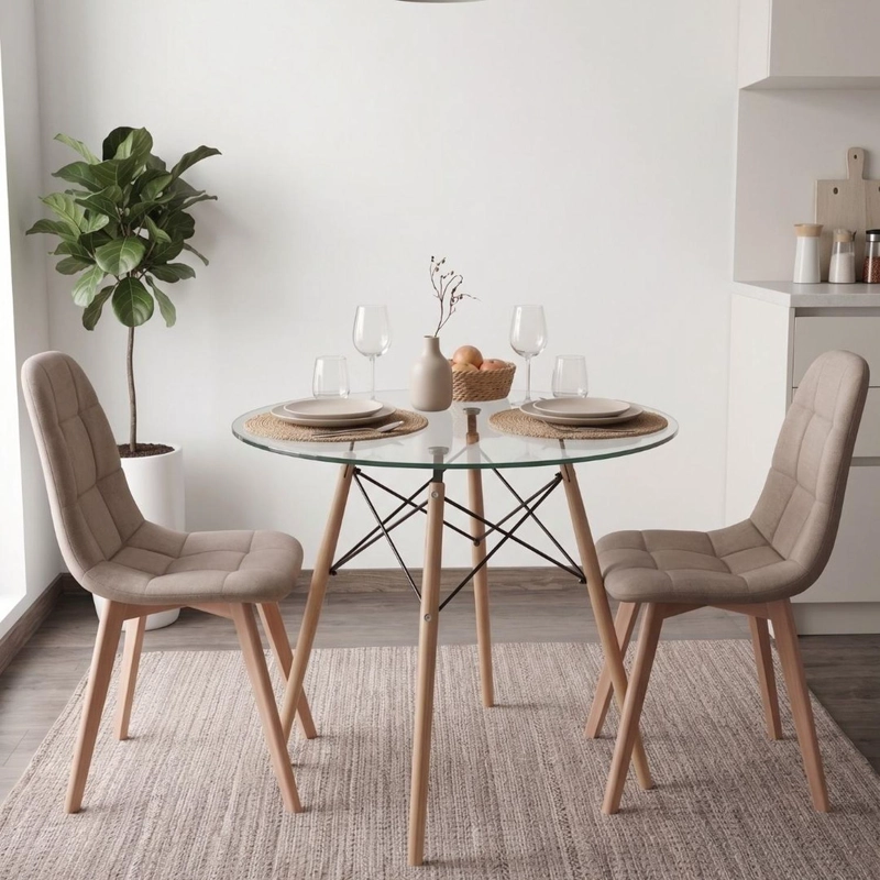 COMEDOR MESA REDONDA ELIDA 80CM + 2 SILLAS VORAK LINO BEIGE - 2