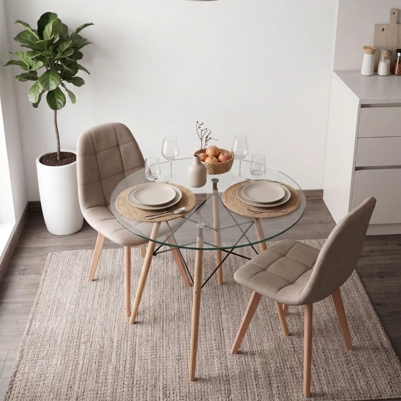 COMEDOR MESA REDONDA ELIDA 80CM + 2 SILLAS VORAK LINO BEIGE - 3