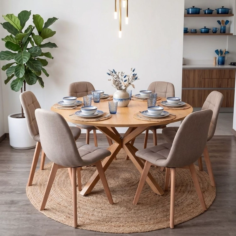 COMEDOR MESA REDONDA EQUIZ WOOD 120CM + 6 SILLAS VORAK LINO BEIGE - 1