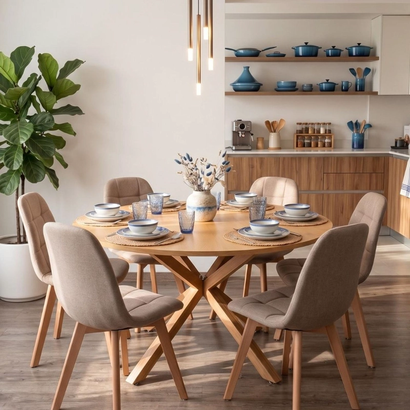 COMEDOR MESA REDONDA EQUIZ WOOD 120CM + 6 SILLAS VORAK LINO BEIGE - 2