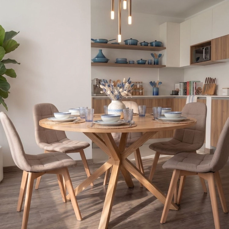 COMEDOR MESA REDONDA EQUIZ WOOD 120CM + 6 SILLAS VORAK LINO BEIGE - 3