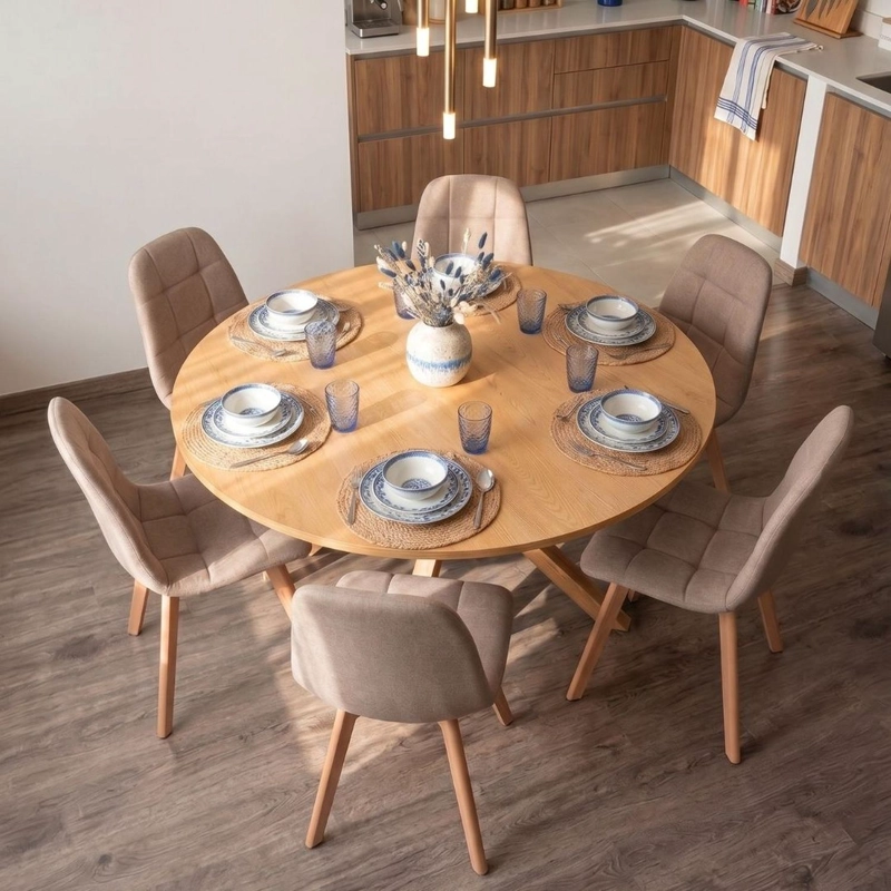 COMEDOR MESA REDONDA EQUIZ WOOD 120CM + 6 SILLAS VORAK LINO BEIGE - 4