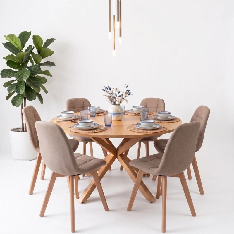 COMEDOR MESA REDONDA EQUIZ WOOD 120CM + 6 SILLAS VORAK LINO BEIGE - 5