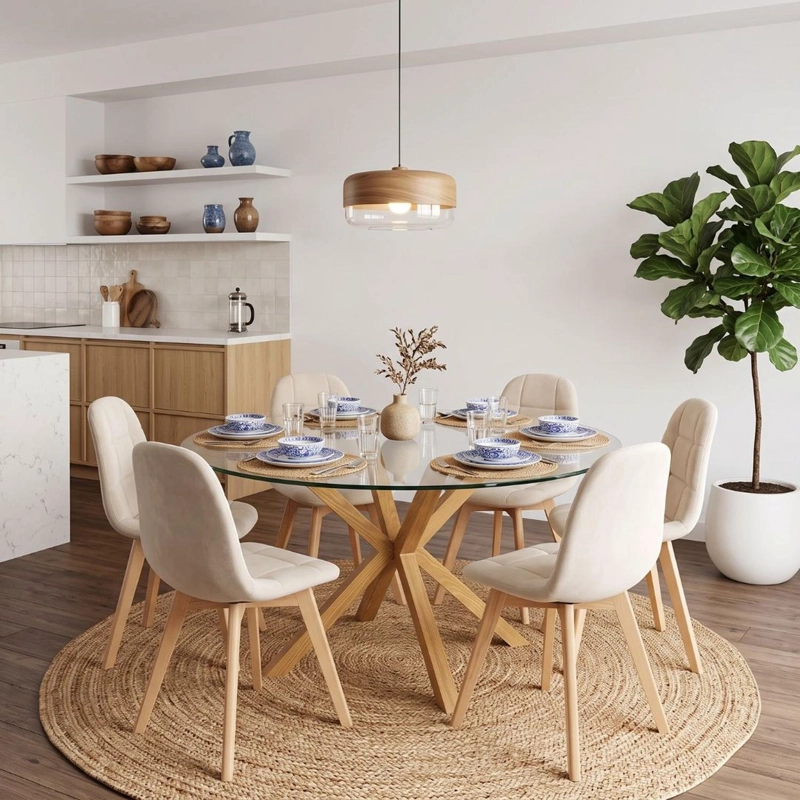 COMEDOR MESA REDONDA EQUIZ 120CM + 6 SILLAS VORAK VELVET BEIGE - 1