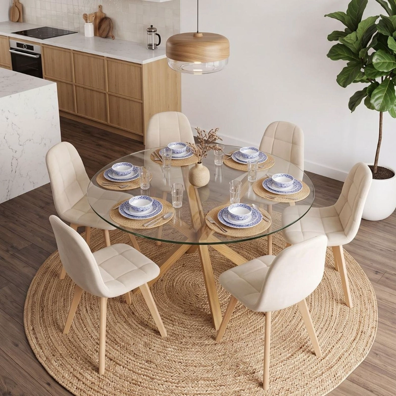 COMEDOR MESA REDONDA EQUIZ 120CM + 6 SILLAS VORAK VELVET BEIGE - 2