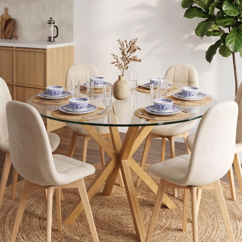 COMEDOR MESA REDONDA EQUIZ 120CM + 6 SILLAS VORAK VELVET BEIGE - 3