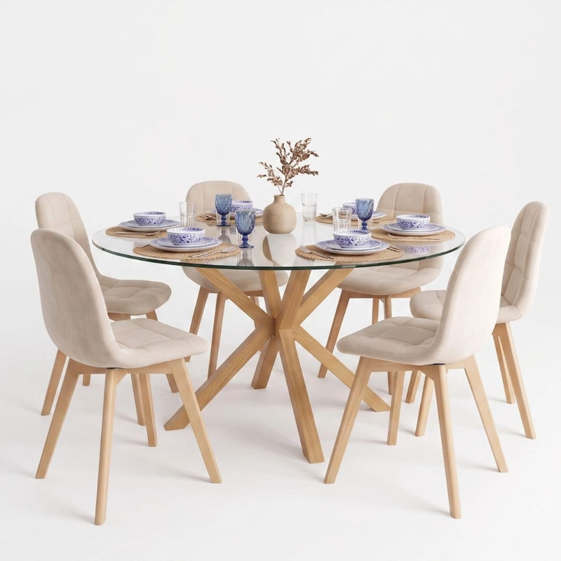 COMEDOR MESA REDONDA EQUIZ 120CM + 6 SILLAS VORAK VELVET BEIGE - 5