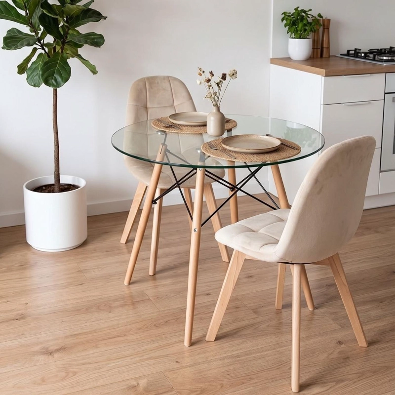 COMEDOR MESA REDONDA ELIDA 80CM + 2 SILLON VORAK VELVET BEIGE - 1
