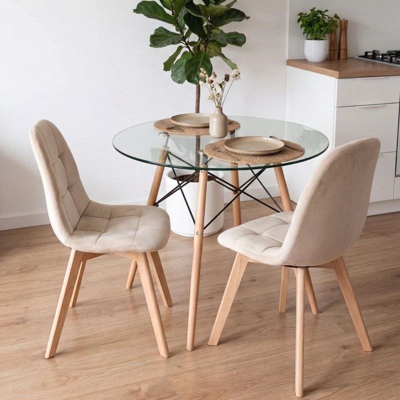 COMEDOR MESA REDONDA ELIDA 80CM + 2 SILLON VORAK VELVET BEIGE - 2