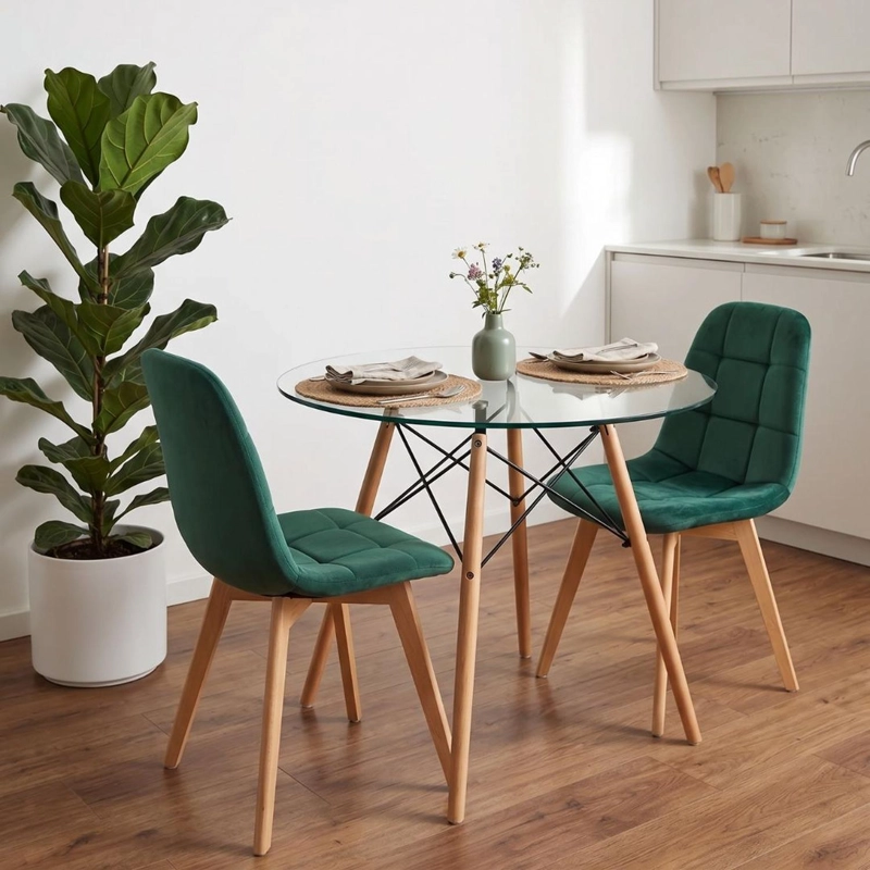COMEDOR MESA REDONDA ELIDA 80CM + 2 SILLON VORAK VELVET VERDE ESMERALDA - 1