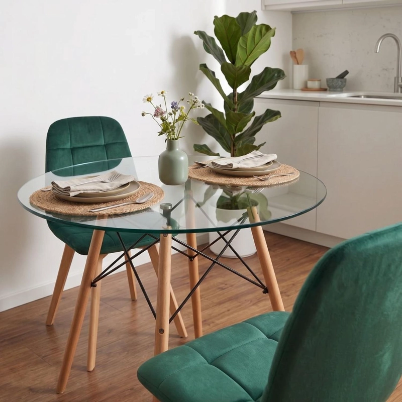 COMEDOR MESA REDONDA ELIDA 80CM + 2 SILLON VORAK VELVET VERDE ESMERALDA - 2