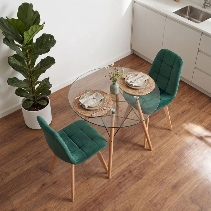 COMEDOR MESA REDONDA ELIDA 80CM + 2 SILLON VORAK VELVET VERDE ESMERALDA - 3