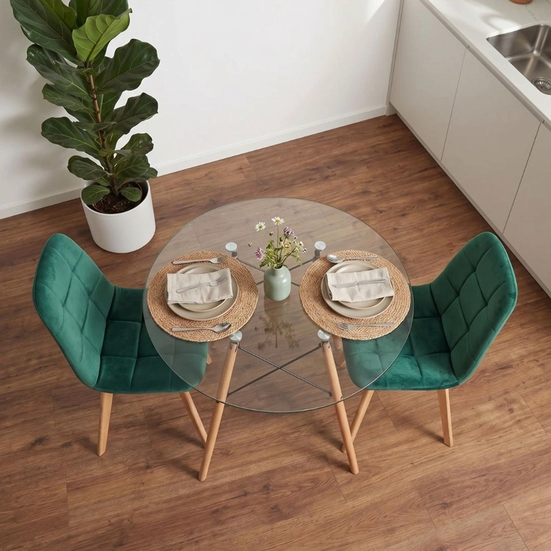 COMEDOR MESA REDONDA ELIDA 80CM + 2 SILLON VORAK VELVET VERDE ESMERALDA - 4