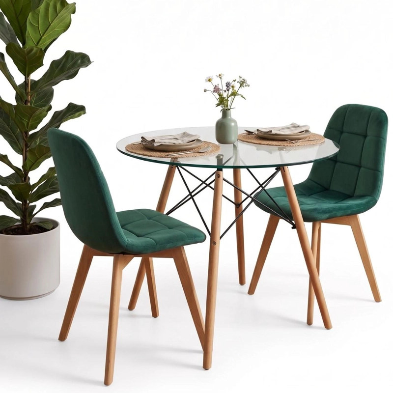 COMEDOR MESA REDONDA ELIDA 80CM + 2 SILLON VORAK VELVET VERDE ESMERALDA - 5