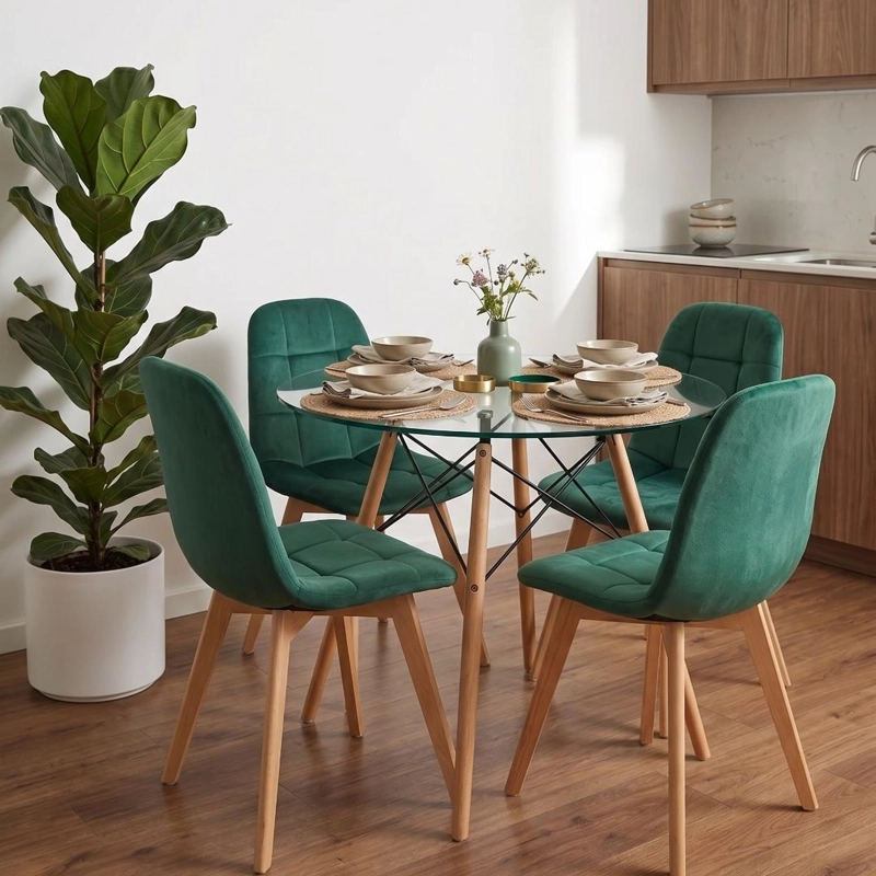 COMEDOR MESA REDONDA ELIDA 100CM + 4 SILLON VORAK VELVET VERDE ESMERALDA - 1