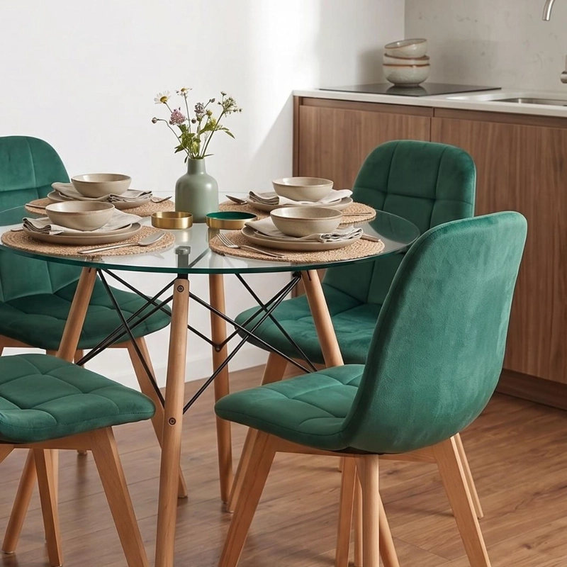 COMEDOR MESA REDONDA ELIDA 100CM + 4 SILLON VORAK VELVET VERDE ESMERALDA - 2