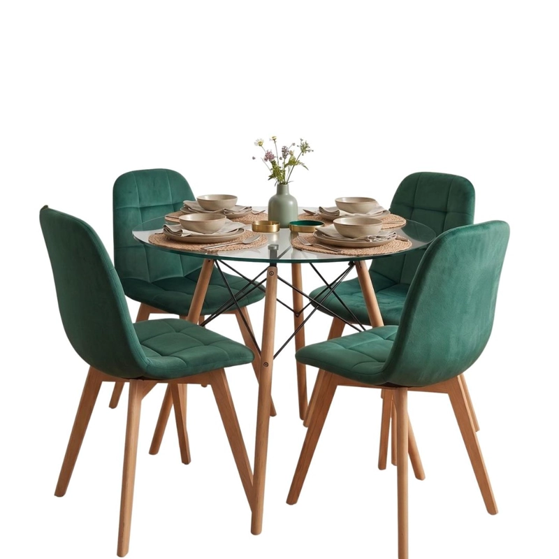 COMEDOR MESA REDONDA ELIDA 100CM + 4 SILLON VORAK VELVET VERDE ESMERALDA - 3