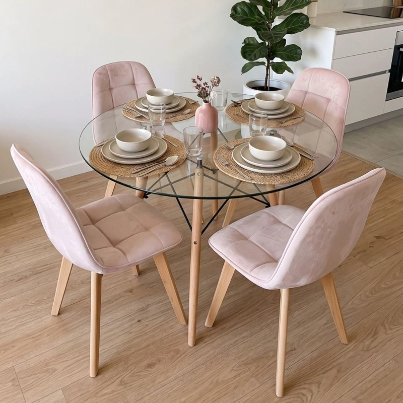 COMEDOR MESA REDONDA ELIDA 100CM + 4 SILLON VORAK VELVET ROSADA - 1