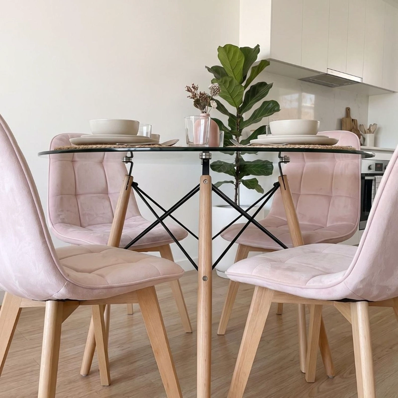 COMEDOR MESA REDONDA ELIDA 100CM + 4 SILLON VORAK VELVET ROSADA - 2