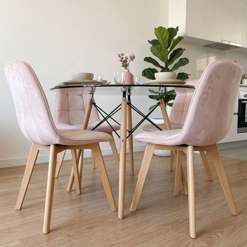 COMEDOR MESA REDONDA ELIDA 100CM + 4 SILLON VORAK VELVET ROSADA - 4