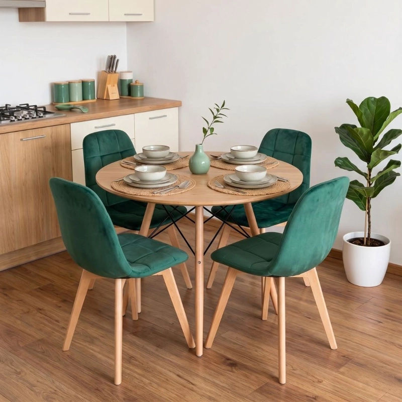 COMEDOR MESA REDONDA SHANNA 100 CM + 4 SILLAS VORAK VERDE ESMERALDA - 1