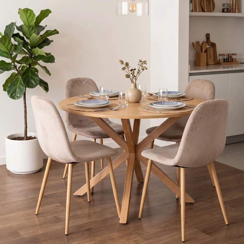 COMEDOR MESA REDONDA EQUIZ WOOD 100CM + 4 SILLAS ISY ARENA - 1