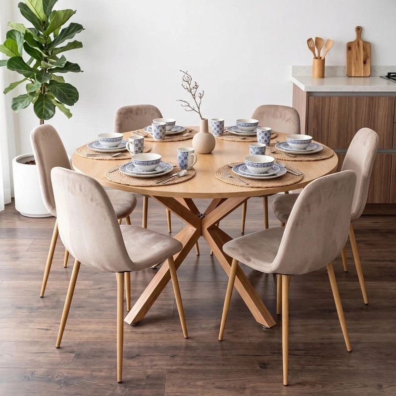COMEDOR MESA REDONDA EQUIZ WOOD 120CM + 6 SILLAS ISY ARENA - 1