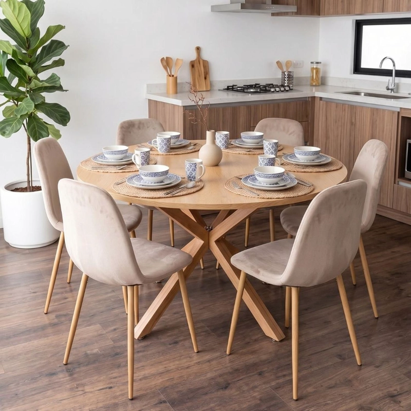 COMEDOR MESA REDONDA EQUIZ WOOD 120CM + 6 SILLAS ISY ARENA - 2