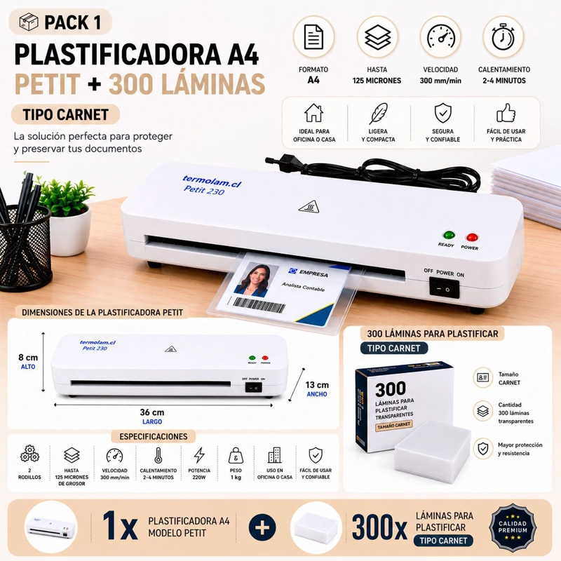 PACK PLASTIFICADORA A4 + 300 LAMINAS TERMOLAM PETIT - 2