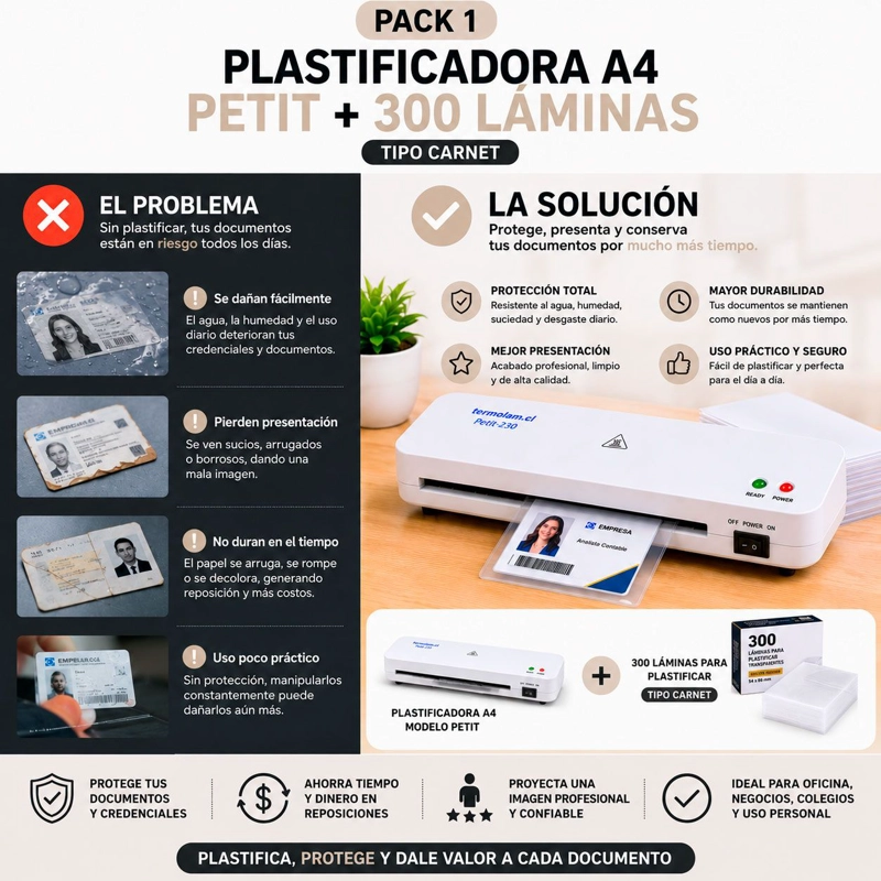 PACK PLASTIFICADORA A4 + 300 LAMINAS TERMOLAM PETIT - 3