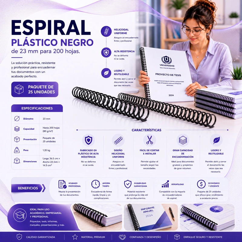 ESPIRAL PLASTICO NEGRO 23MM ANILLADO 25 UNIDADES - 2