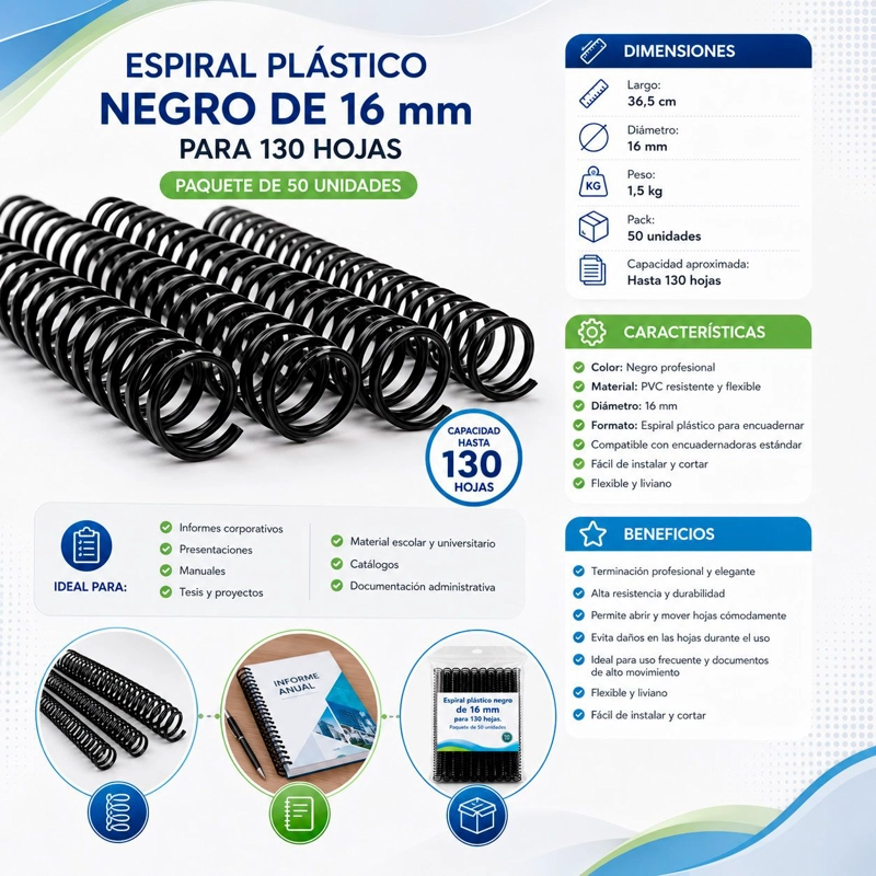 ESPIRAL PLASTICO NEGRO 16MM ANILLADO 50 UNIDADES - 2