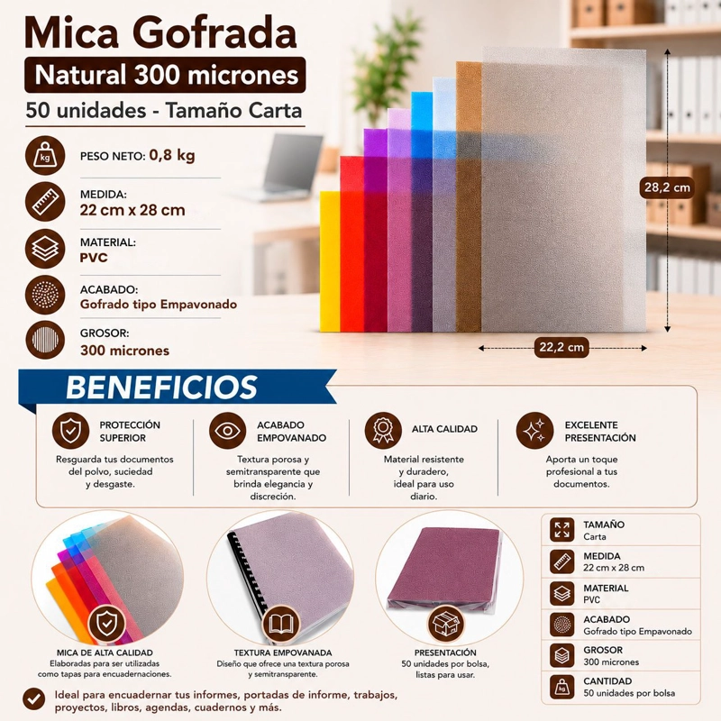 Mica Portada Gofrada para Encuadernar Carta Natural 300 Micrones - 50 Unidades - 2