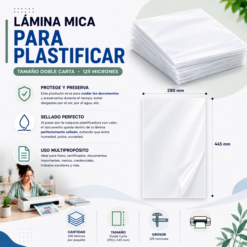 Láminas para Plastificar Doble Carta 125 Micrones - 100 Unidades - 2