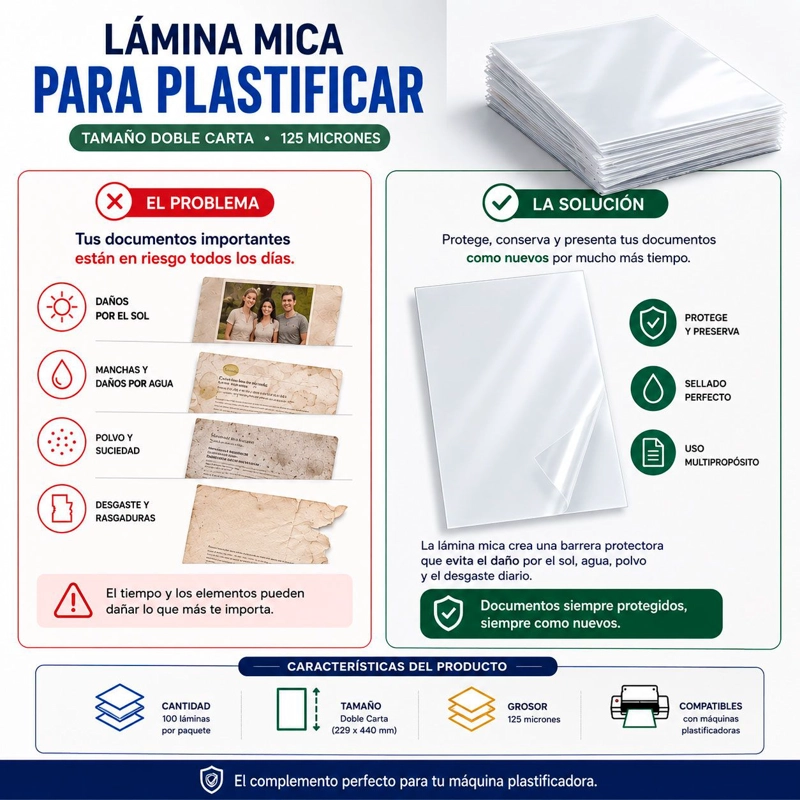 Láminas para Plastificar Doble Carta 125 Micrones - 100 Unidades - 3