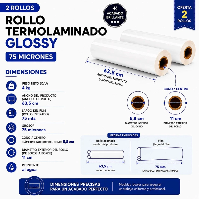 Pack 2 Rollos Termolaminado Glossy 75 Micrones - 635 mm (24") - 2