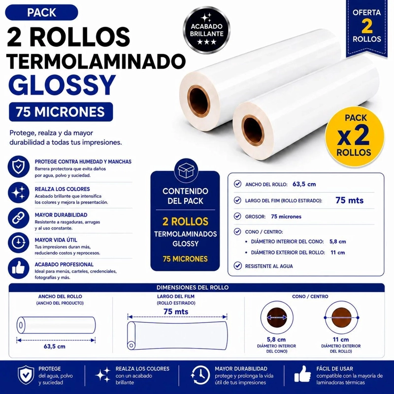 Pack 2 Rollos Termolaminado Glossy 75 Micrones - 635 mm (24") - 4