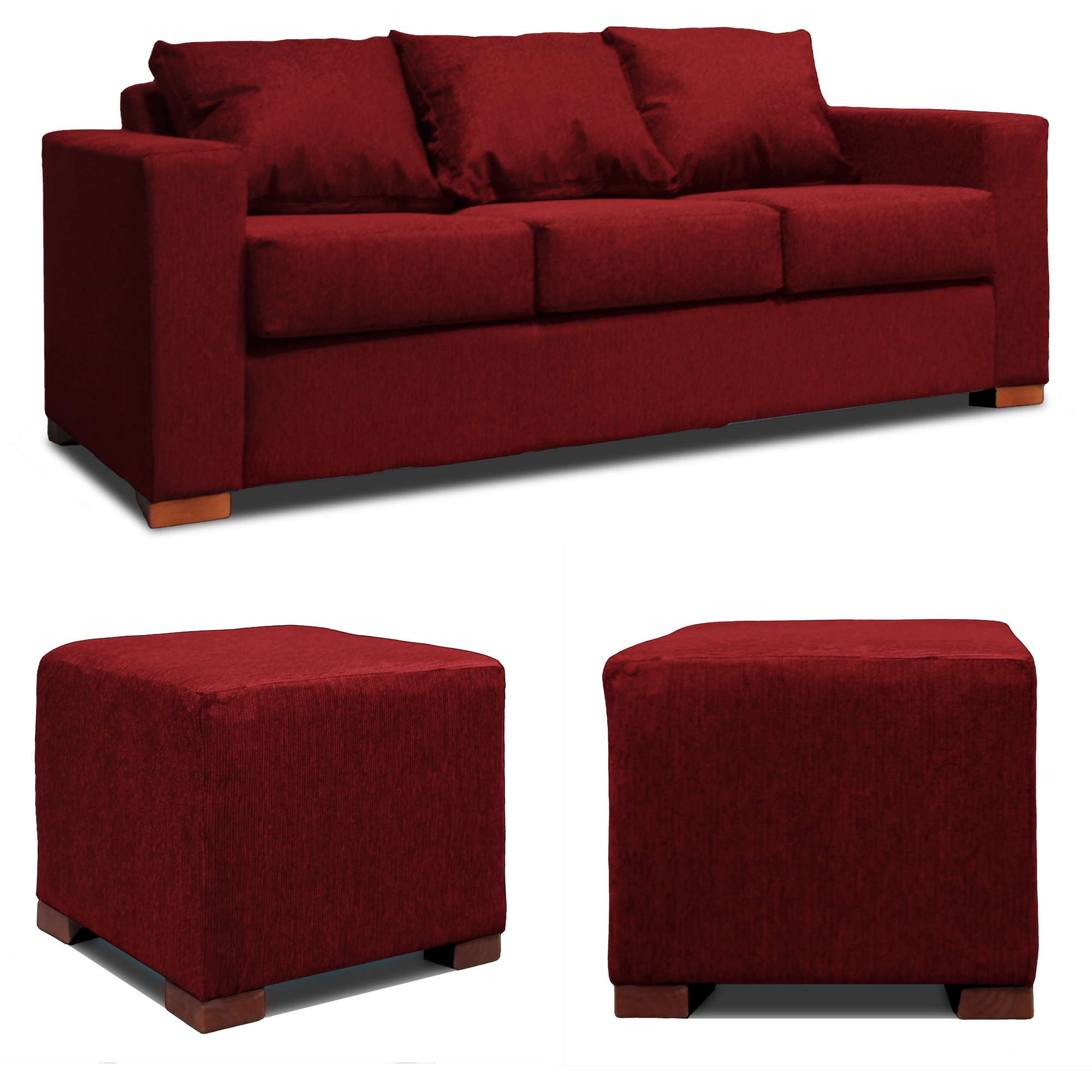 SOFA 3 CUERPOS + 2 POUF EN COLOR ROJO DKORA MODELO CEDRIC - 1