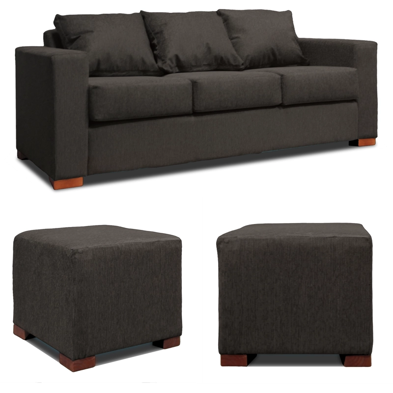 SOFA 3 CUERPOS + 2 POUF GRIS DKORA MODELO CEDRIC - 1