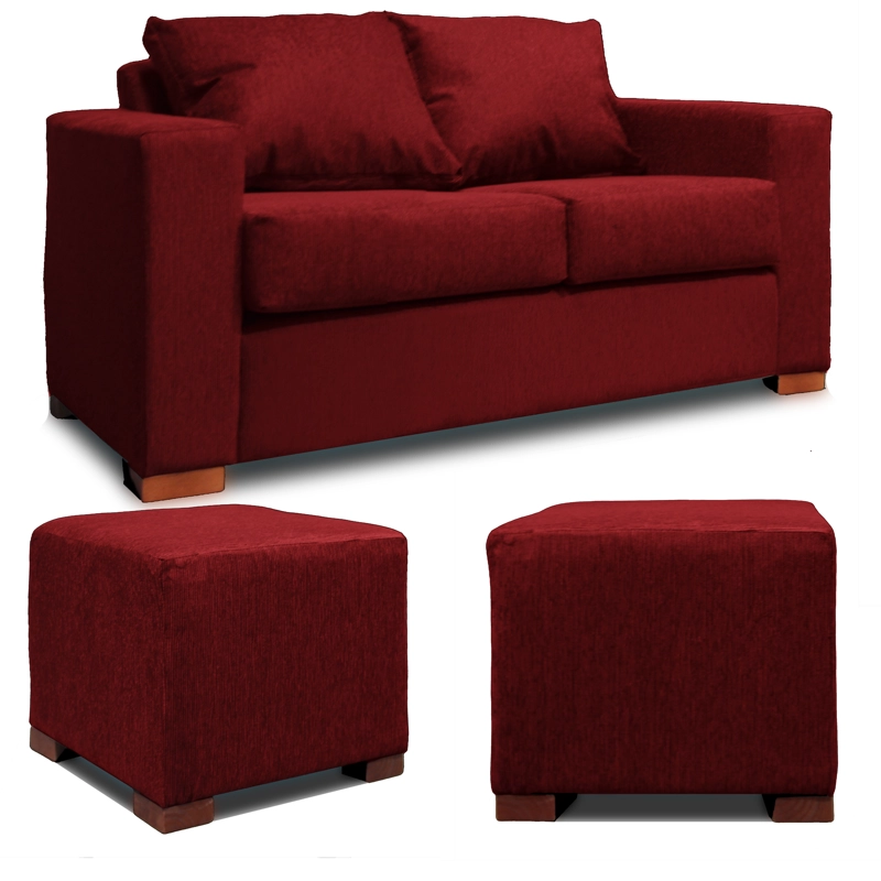 SOFA 2 CUERPOS + 2 POUF EN COLOR ROJO DKORA MODELO CEDRIC - 1